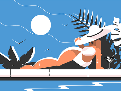 Attractive girl in bikini and hat attractive bikini fashion flat girl hat holiday illustration kit8 pool swimsuit vector