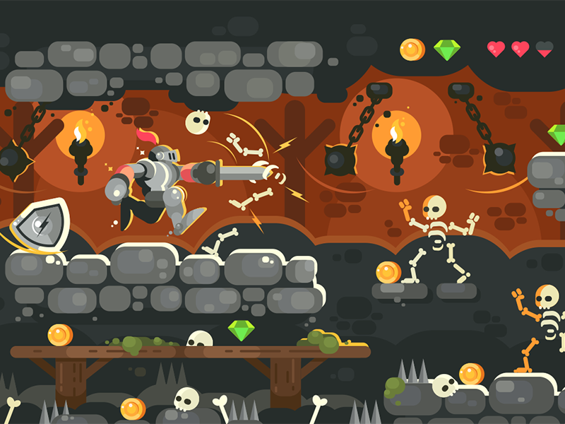 Knight in dungeon character skeleton interface game dungeon sword armor knight kit8 flat vector illustration
