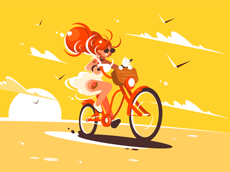 Girl on bicycle character basket cat bicycle ride girl kit8 flat vector illustration