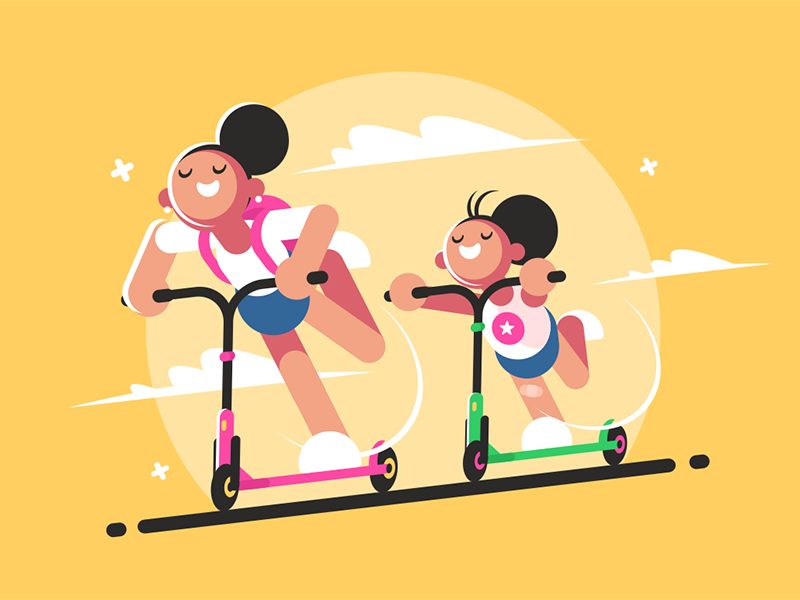 Girls riding kick scooter kit8 flat vector illustration character walk sport active scooter riding girl