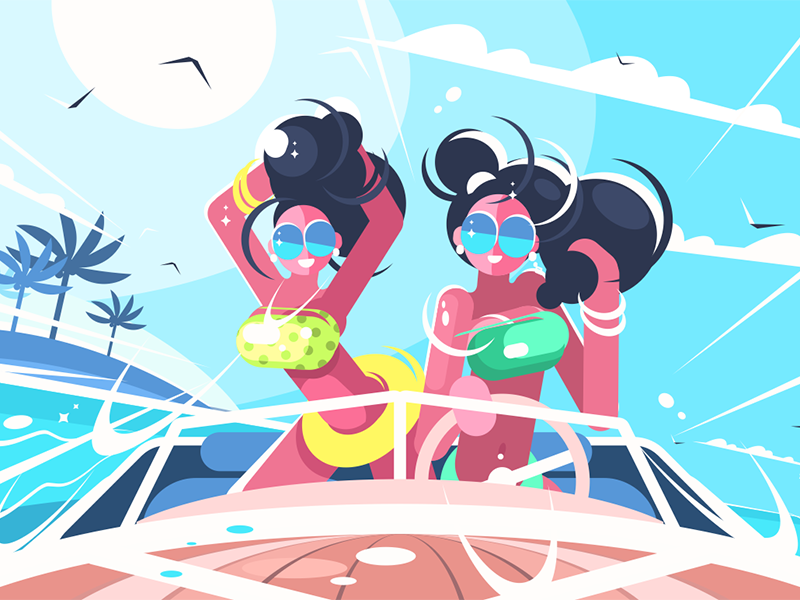 Girls riding speedboat character sea speedboat suits bathing girl kit8 flat vector illustration