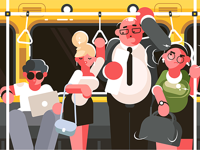 In subway car car character flat hour illustration kit8 passengers public rush subway transport vector