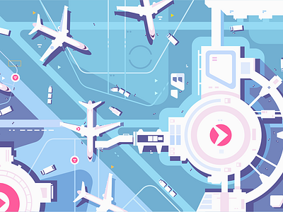 Terminal airport and runway above airplanes airport flat illustration kit8 landing strip terminal vector view
