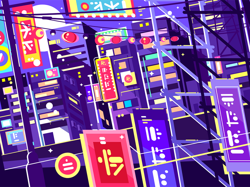 Evening chinese city street glowing sign neon city chinese evening kit8 flat vector illustration