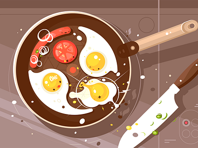Fry scrambled eggs and sausage breakfast delicious egg flat fry frying illustration kit8 pan sausage scrambled vector