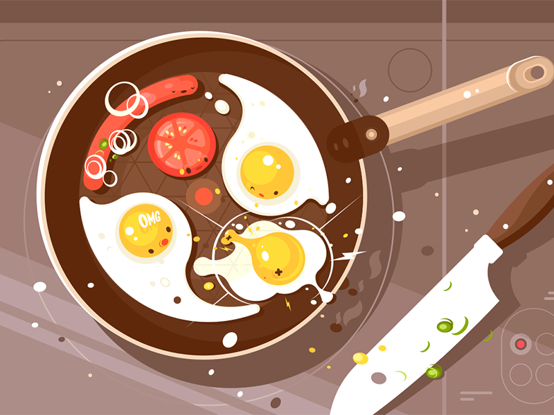Fry scrambled eggs and sausage breakfast pan frying sausage egg scrambled delicious fry kit8 flat vector illustration