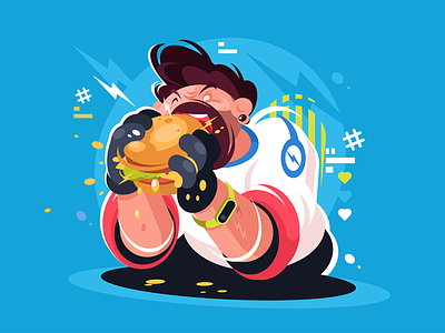 Guy eating huge tasty burger burger character eating flat guy huge hungry illustration kit8 man meal tasty vector