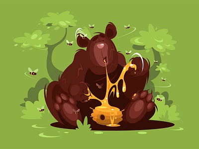 Brown bear bear brown character eat flat forest green honey illustration kit8 sweet vector