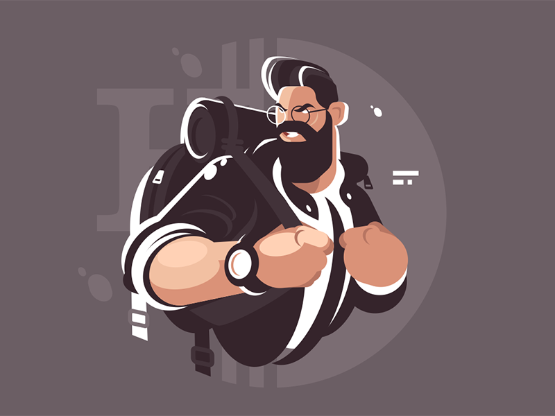 Decisive hipster ready to act character suit glasses backpack watch beard man hipster decisive kit8 flat vector illustration