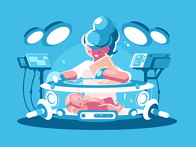 Nurse child incubator with baby baby character child flat help illustration incubator kit8 medicine nurse vector