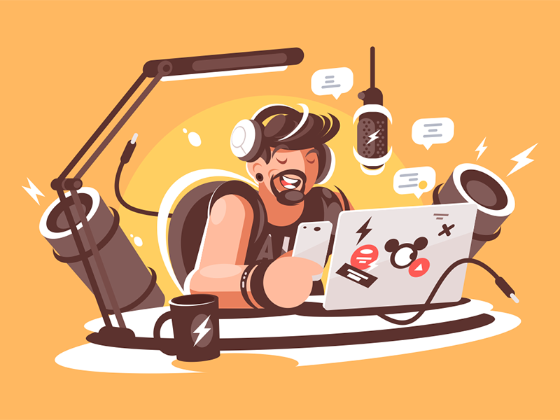 Radio presenter in studio character online show leads beard man studio broadcasting presenter radio kit8 flat vector illustration