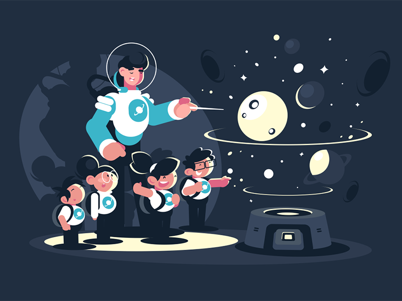 Guide with children in planetarium character space excursion educational planetarium children school teacher guide kit8 flat vector illustration