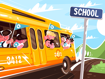 Yellow school bus bus character children flat illustration kit8 school transport vector vehicle yellow