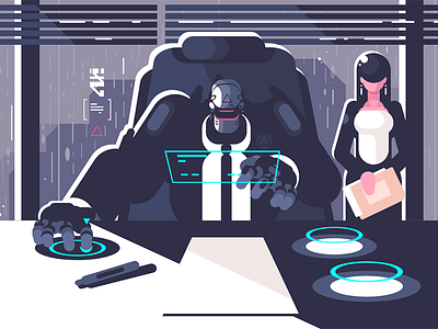 Robot boss with woman secretary boss character cyborg droid flat illustration kit8 office robot secretary vector woman