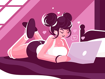 Woman lies on bed and using laptop asian bed character flat girl illustration kit8 laptop lies media online social using vector woman