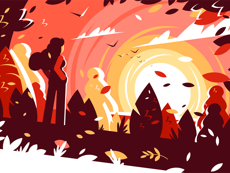 Woman looking sunset autumn character girl background landscape autumn sunset looking woman kit8 flat vector illustration