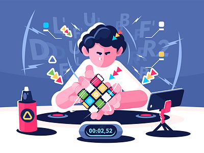 Man collect Rubik Cube championship character collect cube flat illustration kit8 man player rubik timer vector