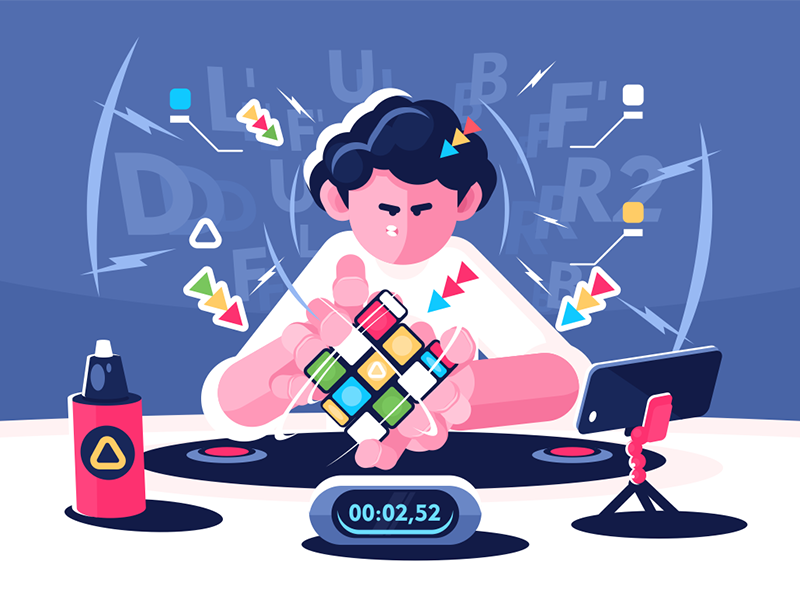 Man collect Rubik Cube character player championship timer cube rubik collect man kit8 flat vector illustration