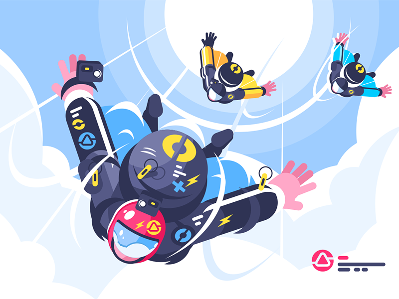 Skydivers group character cloud fall free flying group skydiver kit8 flat vector illustration