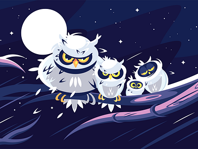 Owls sitting on branch branch character darkness flat illustration kit8 moon night owl sitting vector