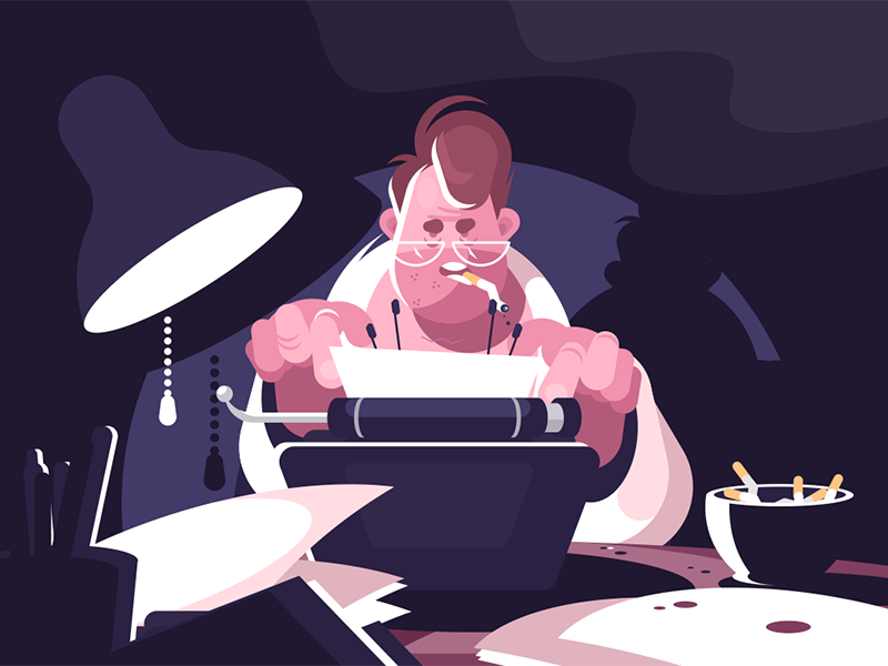Screenwriter typing on typewriter character smoking glasses writer screenplay typewriter typing screenwriter kit8 flat vector illustration