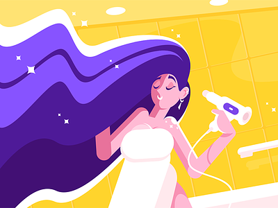 Girl with long hair blowing dry bathroom blowing character dry flat girl hair hairdrier illustration kit8 long vector woman