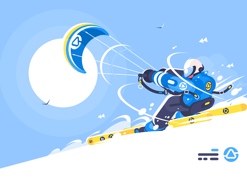 Boy snowkiter on alpine skiing character man skiing alpine snowkiter boy sport kit8 flat vector illustration