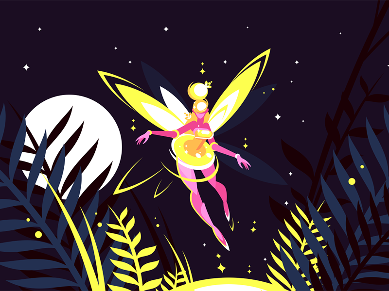 Fairy flying in night forest character moon stars sky forest night flying fairy kit8 flat vector illustration