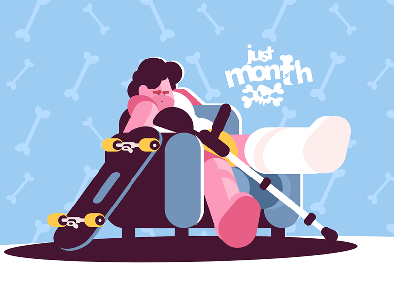Teenage boy skater broken leg kit8 flat vector illustration character gypsum crutches man leg broken skate boy teenage