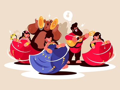 Gypsy ensemble dancing bear character dancing ensemble flat gypsy illustration instruments kit8 man playing vector women