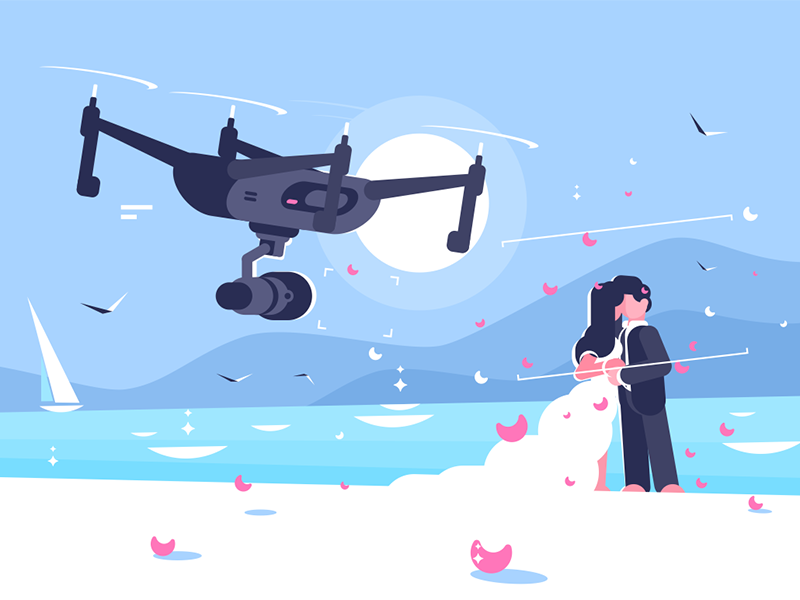 Shooting drone over wedding character newlyweds camera quadcopter flying wedding drone shooting kit8 flat vector illustration