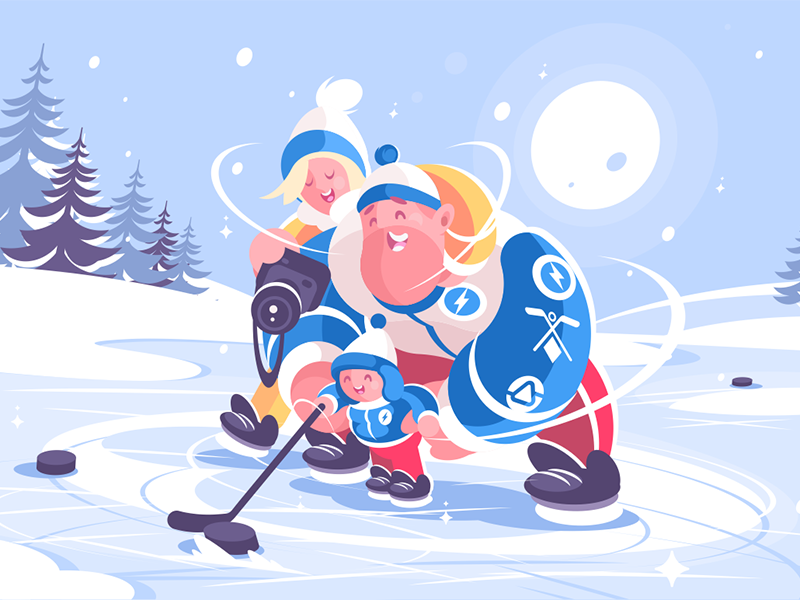Family playing in hockey character dad family flat hockey ice illustration kid kit8 mom playing sport vector winter