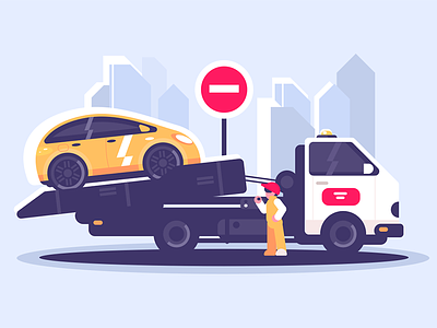 Tow truck service evacuator assistance car character evacuator flat illustration kit8 road service sign tow truck vector worker