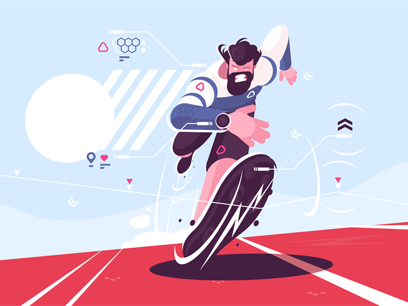 Bearded dude running fast on stadium watch sport man stadium running dude bearded kit8 flat vector illustration