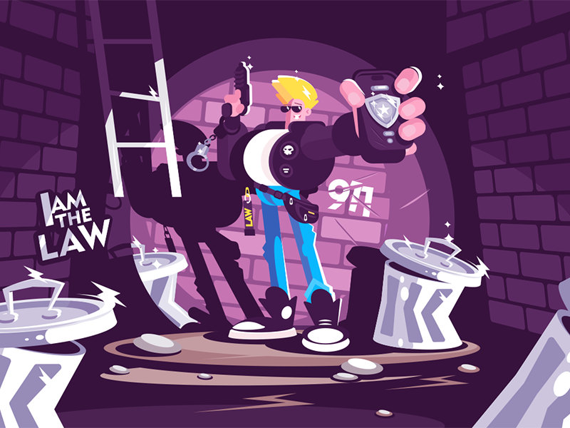 Police officer showing badge kit8 flat vector illustration character city night cop badge gun officer police