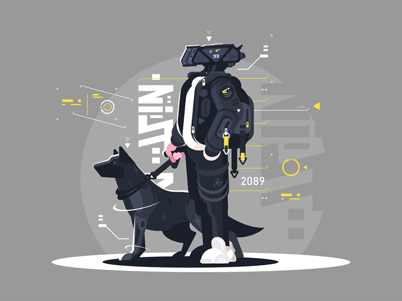 Drone dude walking with dog character robot dog walking dude drone kit8 flat vector illustration