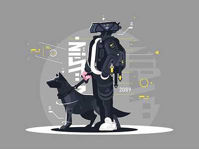 Drone dude walking with dog character dog drone dude flat illustration kit8 robot vector walking