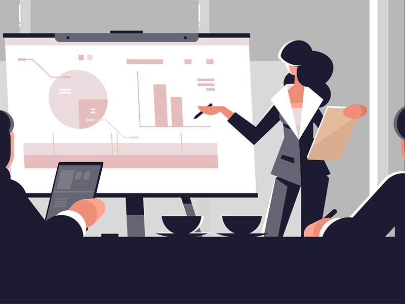 Woman making presentation board business character explaining flat illustration kit8 presentation suit vector woman young