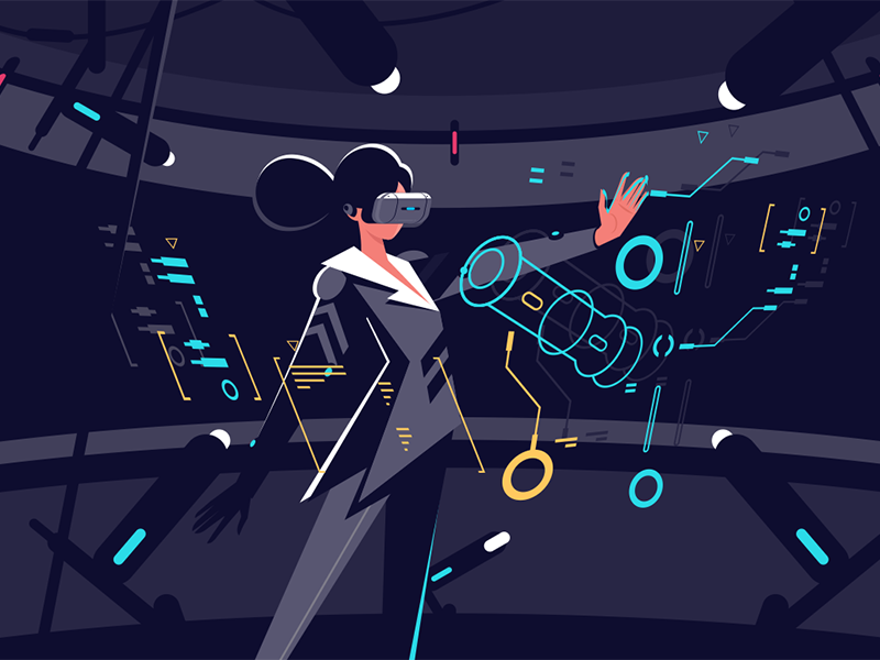 Woman in vr glasses working process character office reality virtual female process working glasses woman kit8 flat vector illustration