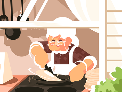 Grandma in kitchen cooking dinner baking character cooking flat grandma granny illustration kit8 kitchen pancake vector