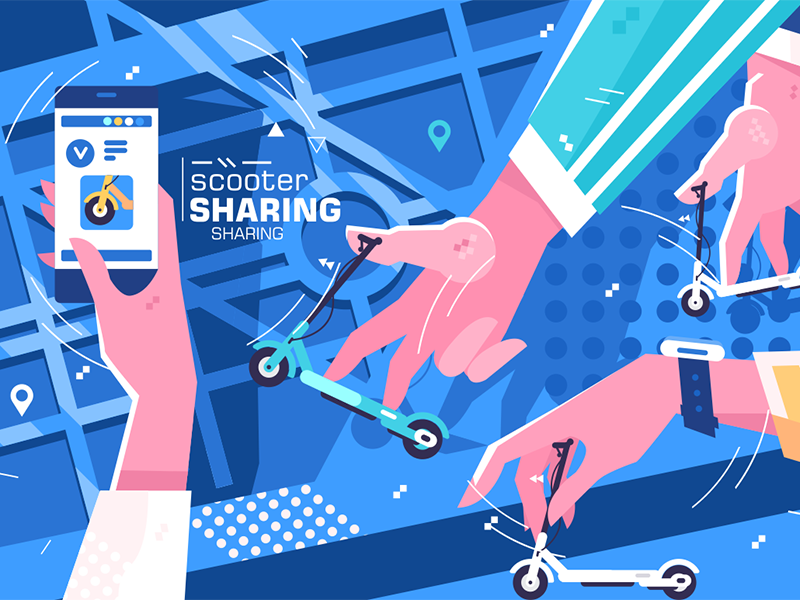 Scooter sharing online system rental app mobile smartphone online sharing scooter kit8 flat vector illustration