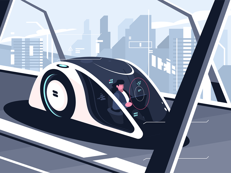 Relaxed man driving by smart car character vehicle autonomous car smart driving man relaxed kit8 flat vector illustration