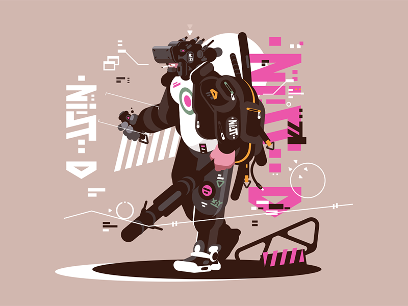 Robot drone mercenary character futuristic cyborg automated mechanized mercenary drone robot kit8 flat vector illustration