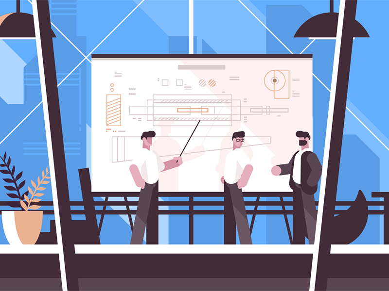 Man engineer showing on blackboard character drawing presentation worker blackboard engineer man kit8 flat vector illustration