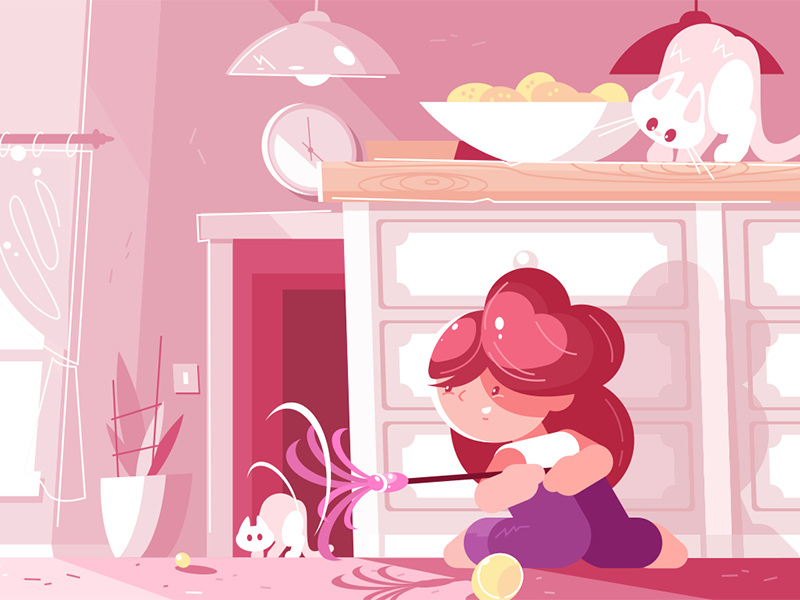 Little young girl playing with cat character room pink cat playing girl little kit8 flat vector illustration