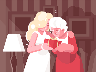 Woman giving present to her mother aged blonde character family flat illustration kit8 mother parents present vector woman
