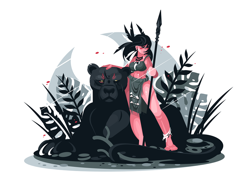 Girl warrior with spear kit8 flat vector illustration character jungle panther black lance spear warrior girl woman