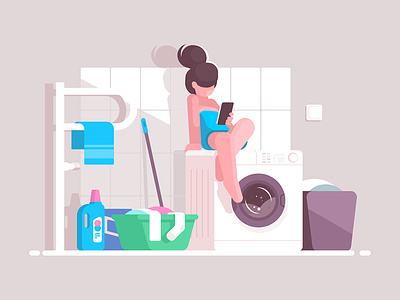 Girl using smartphone in bathroom bathroom character flat girl illustration kit8 machine smartphone vector washing woman