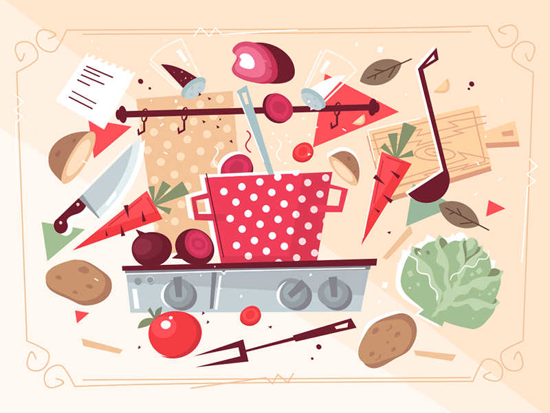 Kitchen pattern with food and kitchenware kit8 flat vector illustration vegetables kitchenware food pattern kitchen