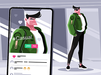 Enviable guy in stylish casual clothes application casual character clothes enviable flat guy illustration kit8 smartphone stylish vector